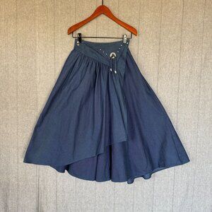 80s Vintage Roper Denim Silver Tone Conch Fringe V Front True Wrap Midi Skirt